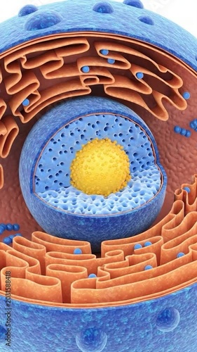 Eukaryotic Cell Structure: A detailed, 3D illustration of a eukaryotic cell, showcasing its intricate internal components including the nucleus, nucleolus, and endoplasmic reticulum.