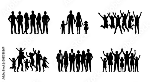 Diverse Family Silhouettes Collection, People Group Icons, Celebration Crowd Vector Art