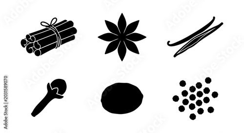 Spice Icons: Cinnamon, Star Anise, Vanilla, Cloves, Nutmeg, Peppercorns