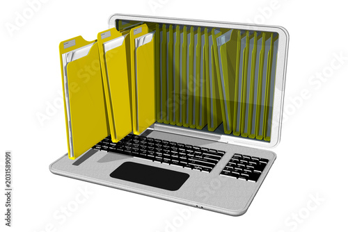 PNG. Trasparente. Computer con cartelle, raccoglitori, gialle per l'archiviazione di documenti. Database.