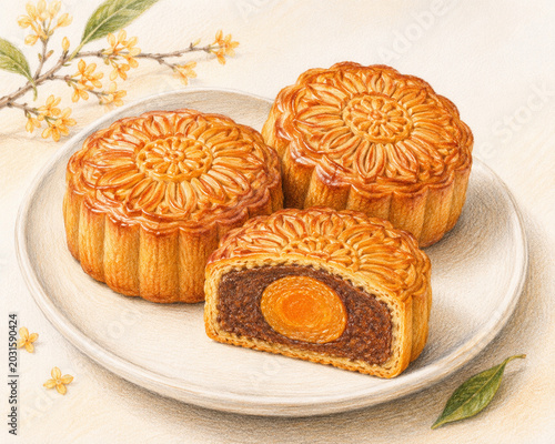 Colored Pencil Illustration of Traditional Mooncakes with Cut Open Filling