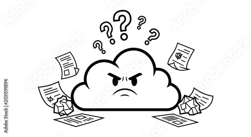Bild auf Leinwand Angry Cloud with Question Marks and Scattered Papers - Frustration and Confusion