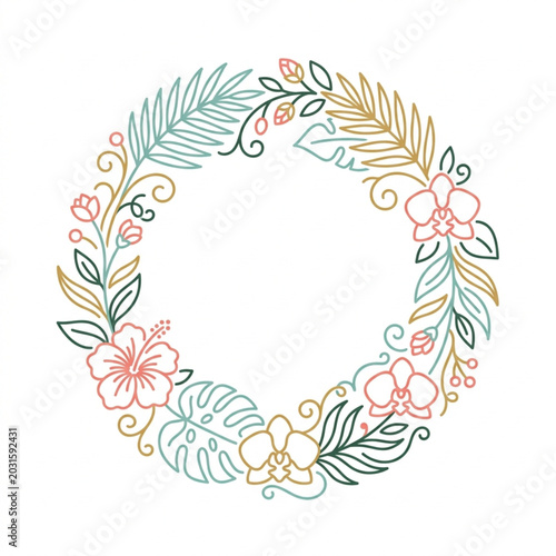 Bild auf Leinwand Tropical Floral Wreath with Orchids and Hibiscus Flowers.