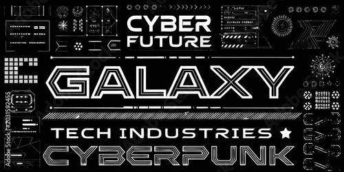 Cyberpunk and futuristic graphic collection with text on a black background