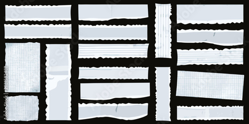 Tableau sur toile Torn notebook paper fragments collage white lined paper pieces on black backgrou
