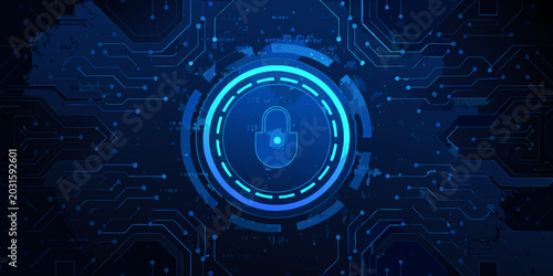 Blue padlock icon with glowing neon circle and circuit board background