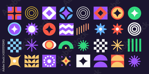 abstract geometric pattern collection with colorful shapes on a dark background