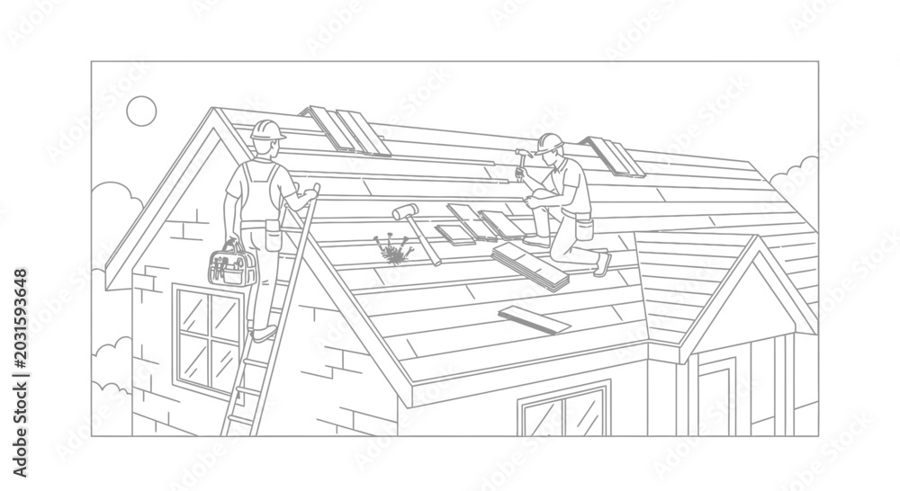 Naklejka premium Roofers repairing house roof with shingles, construction workers on ladder and rooftop