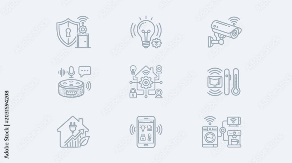 Fototapeta premium Smart home automation icons showing security systems lighting control and voice assistance.