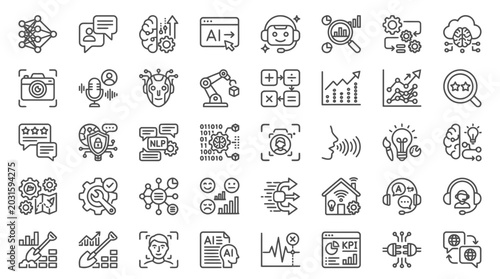 Artificial intelligence and data science icon set, smart technology and analytics symbols.