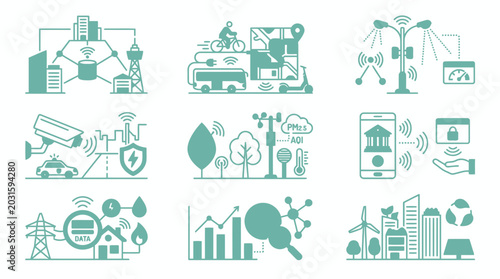 Set of smart city infrastructure icons illustrating modern urban connectivity solutions.
