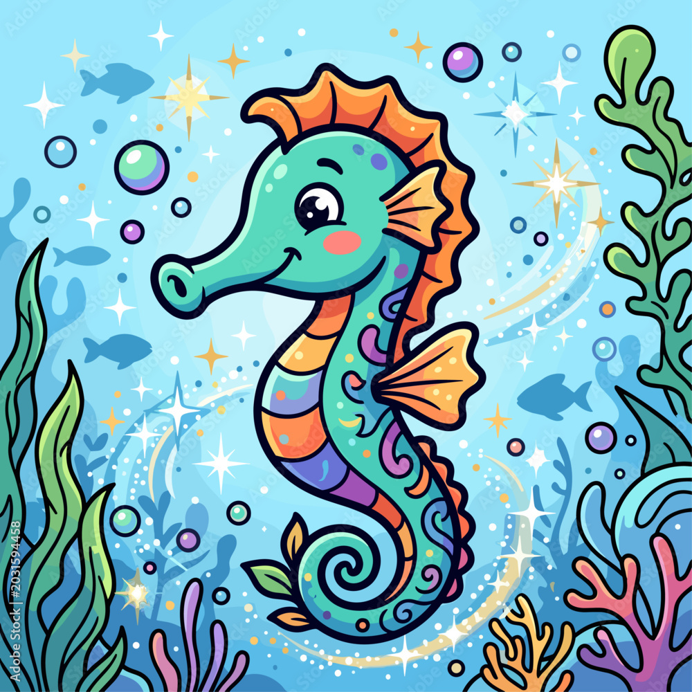 Fototapeta premium Cute cartoon seahorse underwater with coral and fish