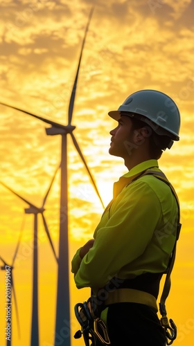 Wind Energy Worker Inspecting Offshore Turbines at Sunrise