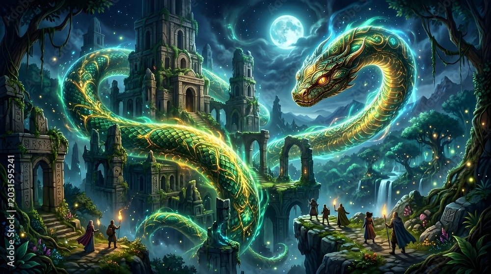 Obraz premium Epic Fantasy World Snake Day Illustration with a Giant Glowing Serpent Wrapping Around Ancient Temple Ruins at Night under a Full Moon with Adventurers