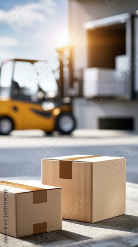 Delivery boxes preparing for shipment at warehouse loading dock with forklift in background, logistics and shipping concept image with copy space
