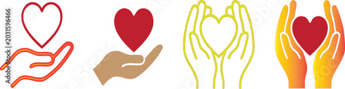 Photos Hand and Heart Icon Set: A collection of four stylized icons depicting hands offering and holding a heart, symbolizing love, care, and donation
