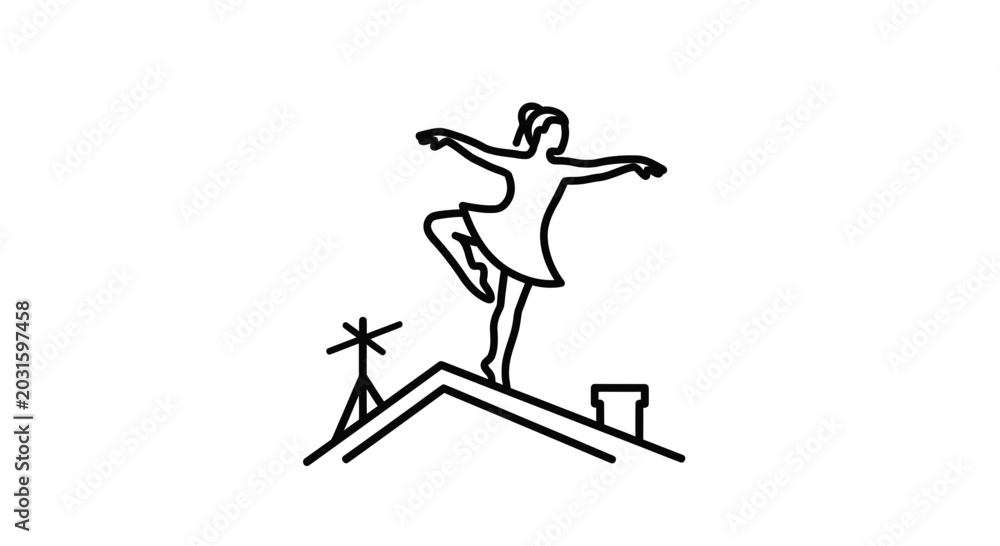 Naklejka premium Ballet Dancer Silhouette on Rooftop with Chimney and Antenna, Minimalist Line Art