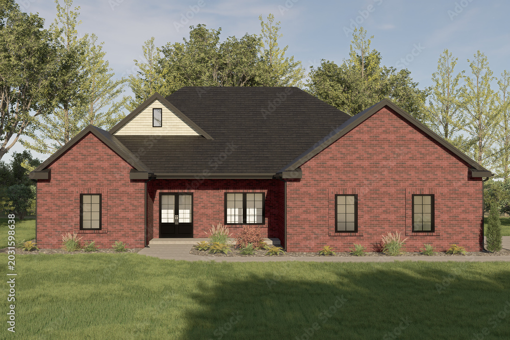 Obraz premium Modern Red Brick House Exterior with Green Lawn and Blue Sky Architectural 3D Render