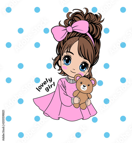 Cute Little Girl with Teddy Bear Cartoon Polka Dot T Shirt Design
