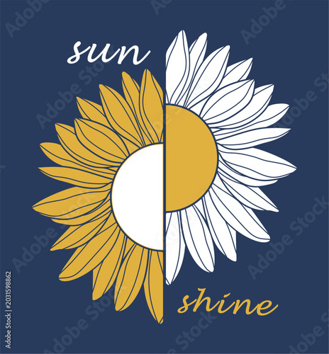 Sun Shine Sunflower Floral Artistic Illustration for Apparel Print