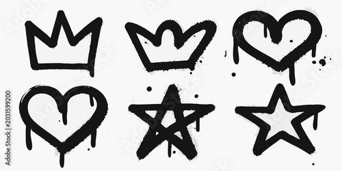 spray paint icons of a crown heart and star with dripping paint on white background