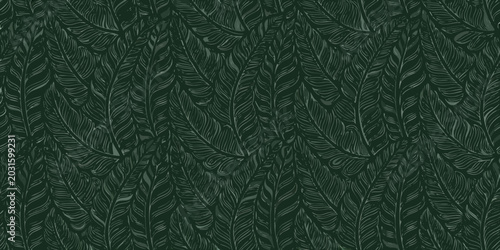 seamless pattern of overlapping dark green tropical leaves on a dark background