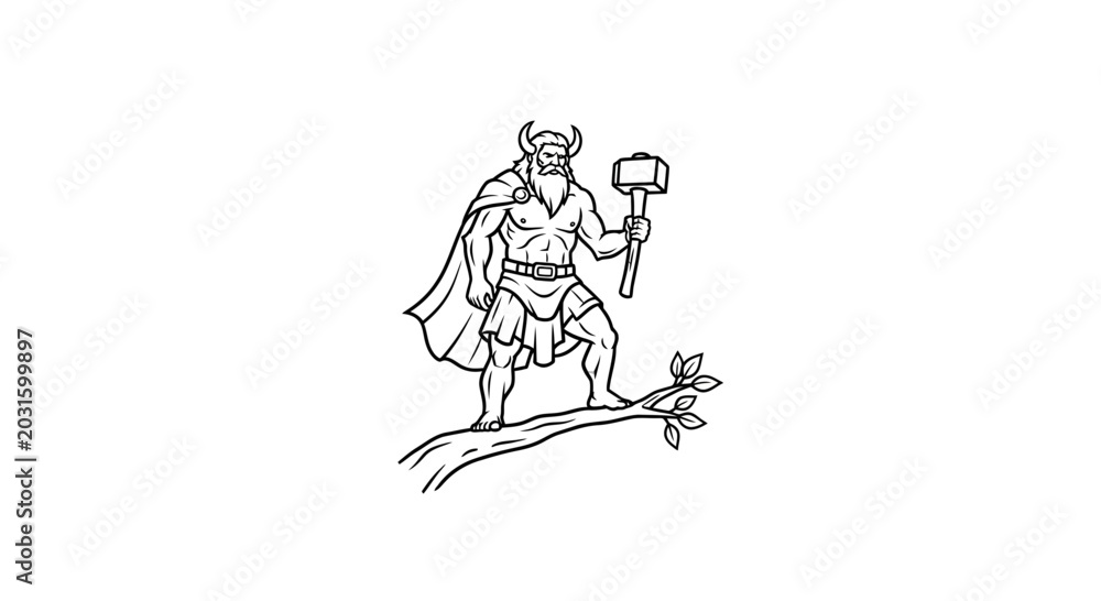 Fototapeta premium Viking Warrior with Hammer on Branch, Norse Mythology, Ancient Warrior