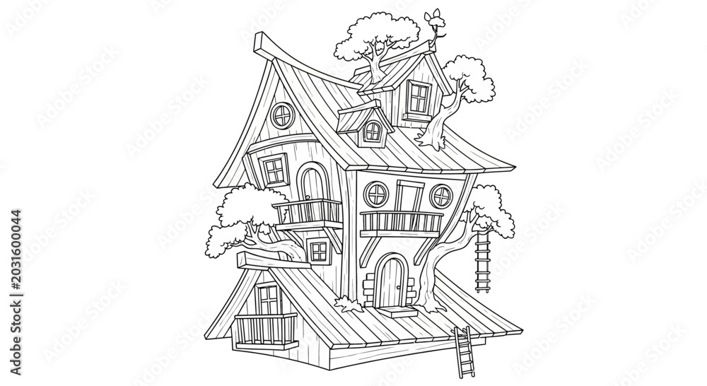 Obraz premium Whimsical Treehouse Illustration: Enchanted Forest Dwelling with Rustic Charm