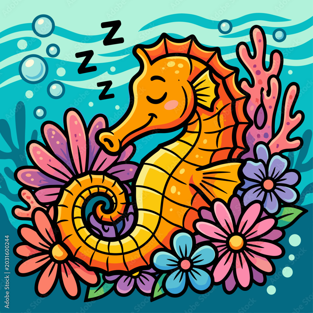Fototapeta premium Cute sleeping seahorse surrounded by colorful flowers and coral