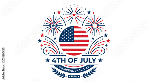 Fourth of July laurel wreath emblem with flag.
