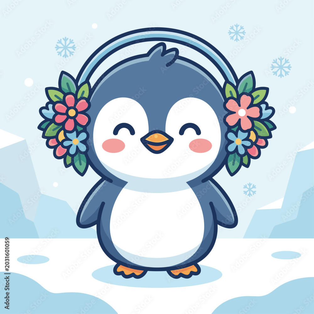 Fototapeta premium Cute penguin wearing floral earmuffs in winter
