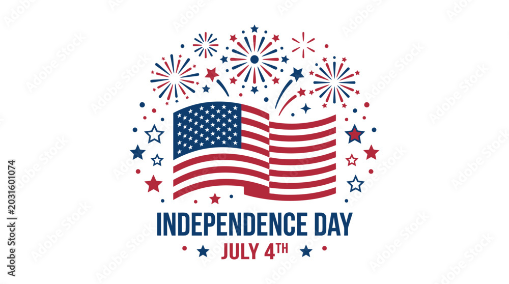 Obraz premium Independence Day text with US flag and fireworks burst.