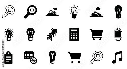 Foto Collection of various icons including lightbulbs, shopping carts, and magnifying glasses on a white background