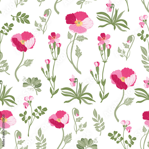 Hand drawn pink wildflower and poppy seamless pattern on white background