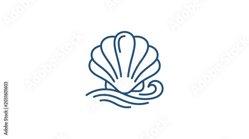 Stylized Seashell Icon with Ocean Waves Line Art.