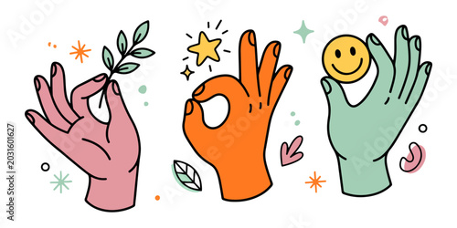 Fotografi Cute colorful hand gesture sticker collection with smiley face, okay sign and le