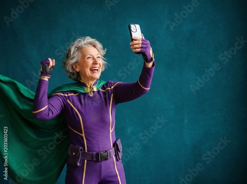 Senior Woman in Superhero Costume Taking a Selfie on Smartphone
