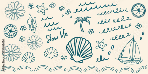 Fényképezés beach themed doodles and illustrations with shells flowers and a sailboat on a b
