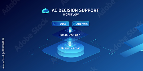 blue isometric flowchart illustrating ai decision support workflow with data analysis stages