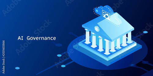Isometric blue building with ai interface representing artificial intelligence governance and technology