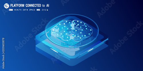 circuit patterned brain illustration with glowing connections on a blue platform
