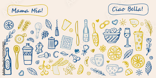 italian food and drink doodles with floral elements on a light blue background