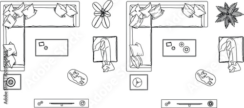 Modern Living Room Interior Floor Plan Vector with Sectional Sofa Plants and TV Unit