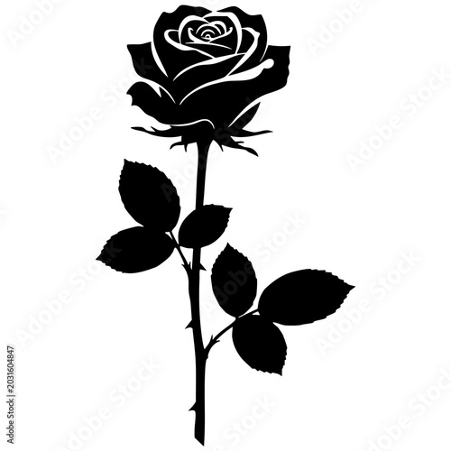 Single black rose silhouette with stem and leaves