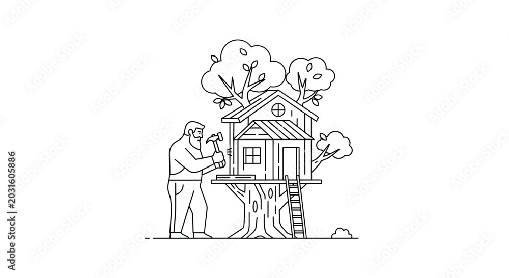Obraz premium Man building a treehouse, DIY project, outdoor leisure, carpentry hobby, family fun