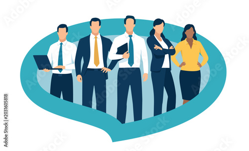 Marketing team of five people standing in the shape of a speech bubble. Business concept vector illustration.
