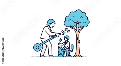 Father teaching son fire safety, watering campfire with hose near tree