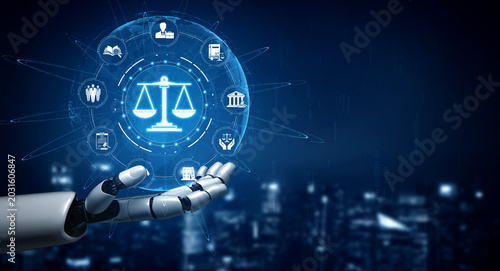Schilderij op canvas Futuristic Robot Hand Holding Digital Scales Symbolizing Justice and Law with Ic