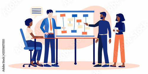 Diverse business team collaborating around a table with sticky notes and a whiteboard