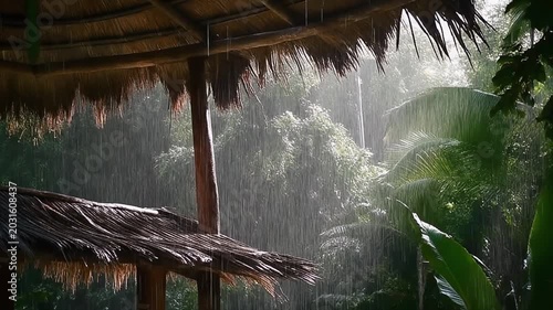 Heavy Tropical Rain Falling in a Lush Green Jungle Seen From a Thatched Roof Gazebo